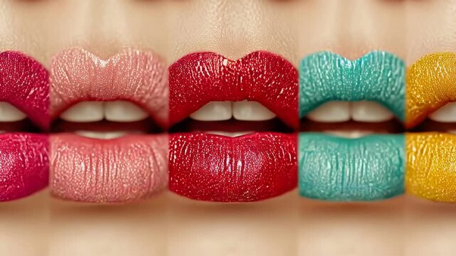 Glossy colorful talking lips collage with vivid contrast and artistic symmetry