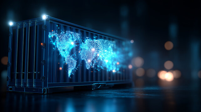 Futuristic digital shipping container with glowing electric blue world map holographic projection on dark background global logistics technology innovation concept supply chain