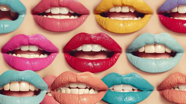 Glossy colorful lips collage representing talking mouths in pop art beauty concept