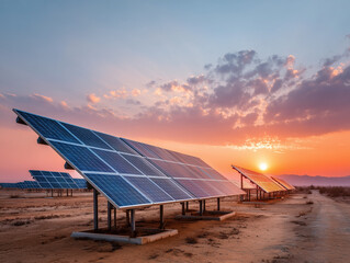 Solar panels in desert at sunset, glowing under warm orange sky. Ideal for clean energy concepts, sustainability themes, and digital backgrounds