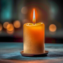 Single lit candle on a dark surface with soft bokeh lights, calm and cozy atmosphere