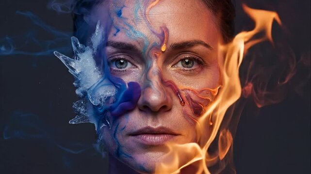Woman face split between blue water and orange fire elements