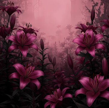Lily flowers in a dark mystical garden, moody floral fantasy background