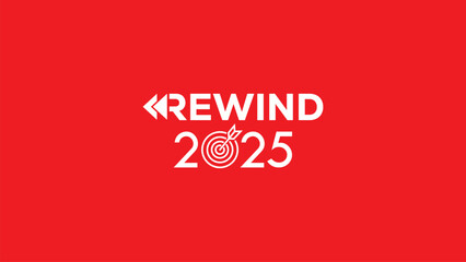 Vibrant white "REWIND 2025" typography with rewind arrow on solid red background. Perfect for year-in-review graphics, recap videos, social media banners, annual summaries. Bold modern vector design. 