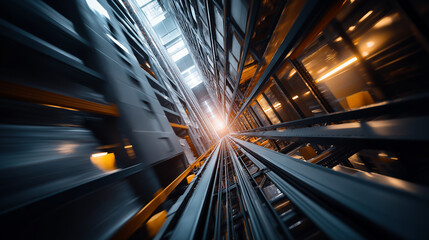 Industrial warehouse interior with extremely high shelving systems for professional logistics companies dramatic aerial view from bottom perspective looking upward towering