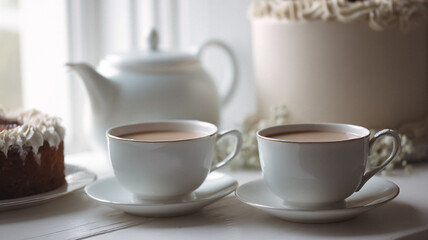 Two teacups filled with tea alongside a cake and teapot, creating a warming elegant teatime setting