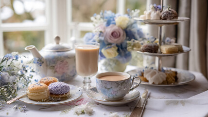 Afternoon tea setting with floral teapot, teacup, various pastries, and elegant desserts on a tiered stand