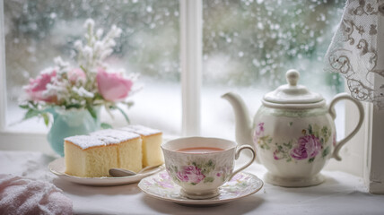 Warm and inviting scene with tea, cake, and a teapot on a windowsill, watching snow falling outside a frosted window