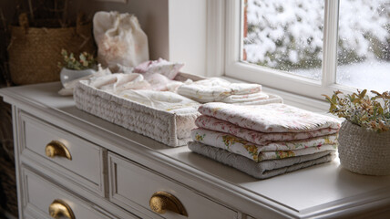 White dresser with folded floral blankets and warm clothes, cozy domestic scene next to a window with snow falling outside