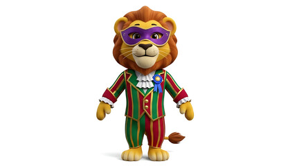 Fototapeta premium A lion in a colorful outfit and mask, standing ready for a festive occasion. The lion has a mane and expressive eyes, wearing an eye mask. isolated on white background.generative ai