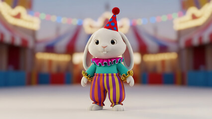 A charming bunny clown stands confidently in a festive circus setting, ready to entertain the audience isolated on white background.generative ai