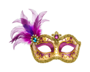 Ornate Venetian carnival mask with vibrant purple feathers, sparkling gold glitter, and decorative jewels, symbolizing mystery and celebration.