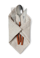 Stainless steel cutlery with wooden handles on white background