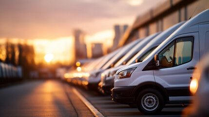 Long row of pristine white delivery vans lined up at golden sunset hour commercial fleet vehicles professional transportation assets logistics company parking area evening gold