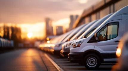 Canvas schilderij Voertuigen Long row of pristine white delivery vans lined up at golden sunset hour commercial fleet vehicles professional transportation assets logistics company parking area evening gold  © Kateryna