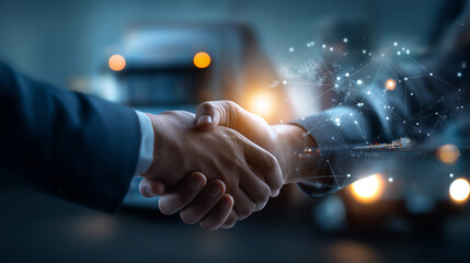 Transportation and logistics concept featuring digital connectivity and global networking with various transport modes integrated faceless business partnership handshake