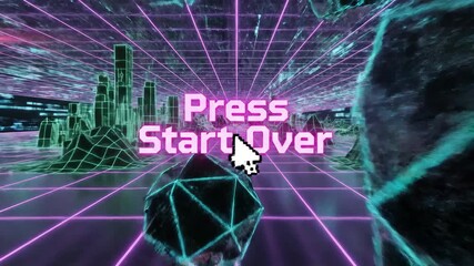 A vibrant retrofuturistic digital landscape with glowing neon grid lines and abstract geometric shapes featuring the prominent Press Start Over message evoking a classic arcade game aesthetic and vir. - Powered by Adobe