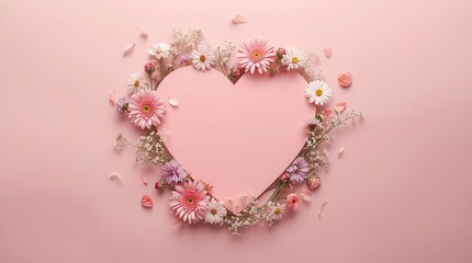 Floral Heart Frame On Soft Pink Background, Romantic Spring Composition With Flowers And Petals, Love And Valentine Concept, Minimal Flatlay Design With Copy Space