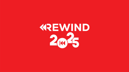 Vibrant white "REWIND 2025" typography with rewind arrow on solid red background. Perfect for year-in-review graphics, recap videos, social media banners, annual summaries. Bold modern vector design. 