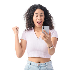 Happy young African-American woman with modern mobile phone on white background