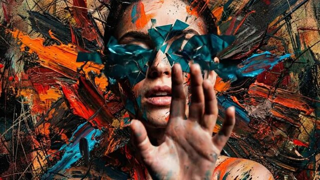 Artistic portrait of woman reaching out with shattered paint effects