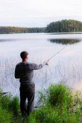 Serene Fishing Scene, Peaceful Lake Fishing At Dawn, Calm Forest Lake With Lone Fisherman At Sunrise