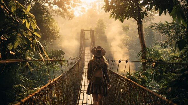 Female traveler crossing a hanging jungle bridge at golden hour