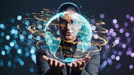 Businesswoman holding a holographic globe representing global connections and international business opportunities with technology and innovation - Powered by Adobe