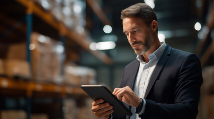Faceless serious professional businessman carefully examining warehouse operations using digital tablet device logistics facility management distribution center inspection