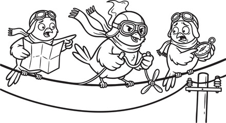 Obraz premium funny bird on a wire, bird, food, rose, xmas, flower, seamless, fairy tale, fantasy, art, winter, fairytale, outline, pattern, children, cat, nature, animal, coloring book, sketch, drawing, vector, il