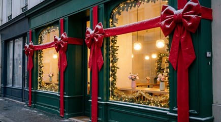 Decorated Christmas tree with gifts in snowy European shopping street