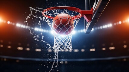 A basketball going through a hoop with water splashing in a stadium