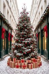 Decorated Christmas tree with gifts in snowy European shopping street