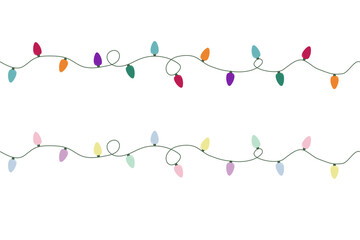Festive Colorful String Lights Garland in Bright and Pastel Colors Across White Background for Holiday Decor and Celebration