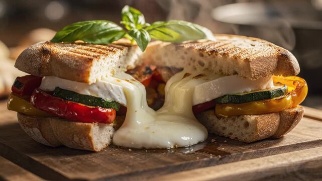 Grilled sandwich with melted cheese and fresh vegetables on wooden surface