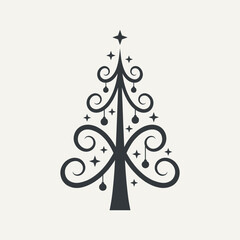 Minimalist Elegant Christmas Tree Icon with Swirls and Stars