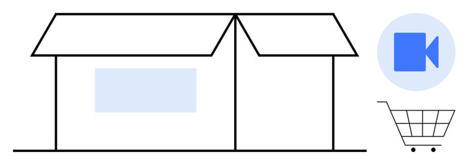Digital transformation, online shopping, media services, virtual communication, e-commerce, and video content. A house structure, shopping cart and video icon. Online shopping and media services © robu_s