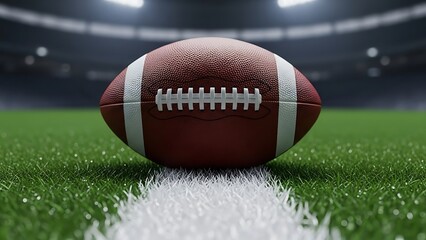American football on a green field with white markings in a stadium