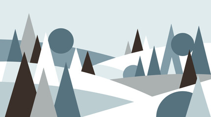 Abstract Geometric Winter Forest Landscape with Coniferous Trees and Snow