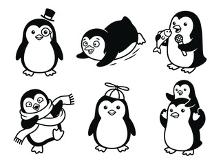 Set of Cute Cartoon Penguin Characters in Various Poses and Costumes