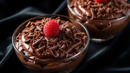 Rich Belgian Chocolate Mousse Dessert Topped with Fresh Raspberry
