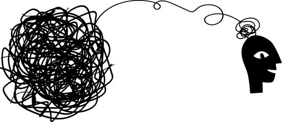 Abstract mental burden concept illustration with chaotic scribble pulling human head backward. Hand drawn line art symbol of emotional weight, toxic thoughts, stress and desire to break free on dark b