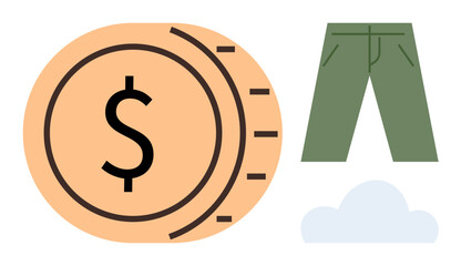 Dollar coin beside green pants and abstract cloud element. Ideal for finance, savings, investment, minimalism, fashion cost, economy, creative metaphor. Modern flat simple metaphor