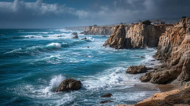 Rocky coastline with waves crashing on shoreline, dramatic surf hitting jagged cliffs, foamy water spray, coastal erosion patterns visible, rugged maritime landscape, dynamic natural ocean scenery - Powered by Adobe