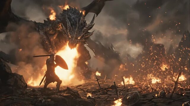 Warrior fighting fire breathing dragon in epic battle scene