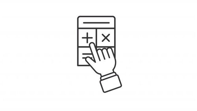 Animated hand pressing calculator keys line icon. Counting device animation. Digital office and school supply. Easy math solutions. Outline element on white background. HD video with alpha channel