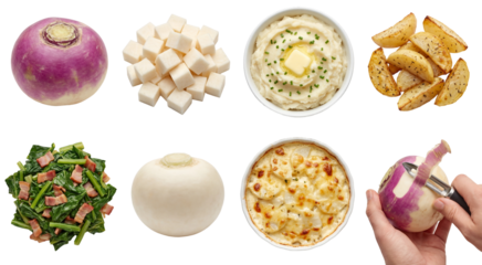 set of turnip in different forms, including whole, mashed and roasted, isolated on a transparent background