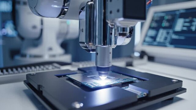 Industrial robot arm inspecting electronic circuit board under bright light in modern laboratory