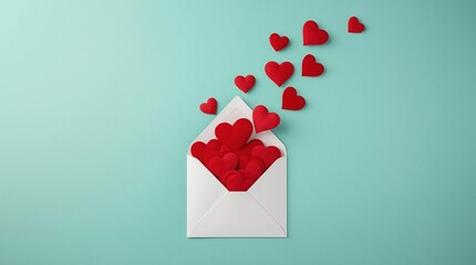 Open Envelope Releasing Heart Shapes On Turquoise Background, Minimalist Romantic Flatlay With Love Message Concept, Valentine Communication Symbol, Clean Modern Design With Copy Space