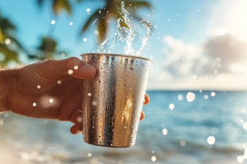 bartender hands flipping metallic shaker, ocean sparkle in background